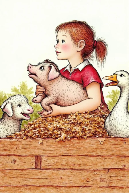 gawi1 illustration.
3/4 view of a young girl, with light reddish hair tied in a ponytail with a red ribbon. She is wearing a red short-sleeved shirt with a white collar. She is holding a small piglet in her arms. The piglet is shown in side profile, looking up. There is a sheep on the left side. There is a goose on the right side of the image. <lora:gawi1_cap_d6a3e12:1.0><lora:827362292363613116:0>