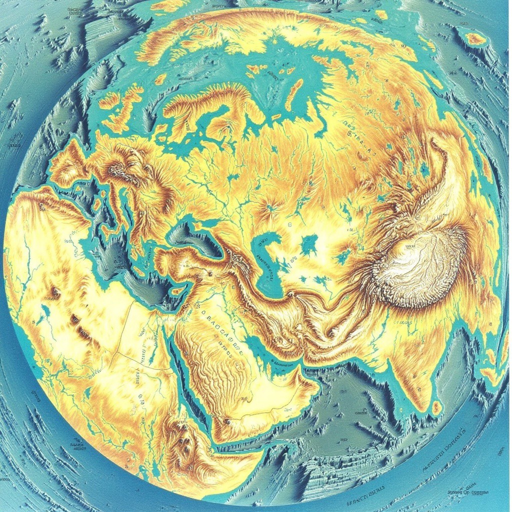 Map of earth topography, 70s style, Depressions, Elevations, Scientific Maps, Detailed features, Atlas