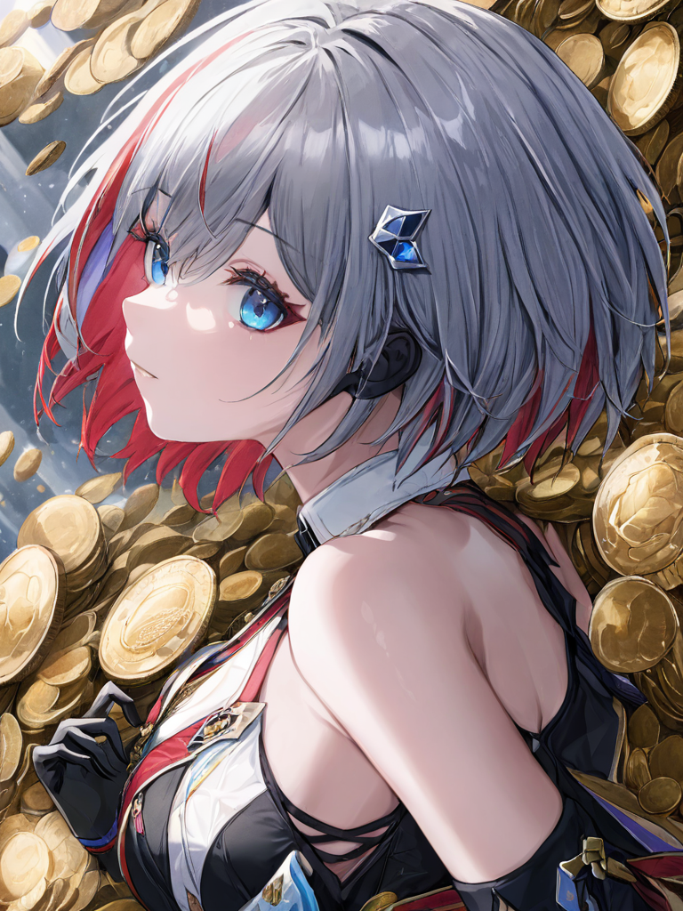 ultra-detailed,(best quality),((masterpiece)),(highres),original,extremely,  <lora:tuopax_xl-000008:1>,1girl, breasts, blue eyes, solo multicolored hair,   red hair, coin,black gloves, short hair, grey hair, hair ornament, bare shoulders, streaked hair,