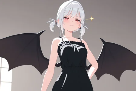 masterpiece, extremely detailed, high resolution, high-definition, 8k, 3d, red eyes, white hair, smug, smile, black dress, bat wings, <lora:3dvector-artstyle-000030:0.6>