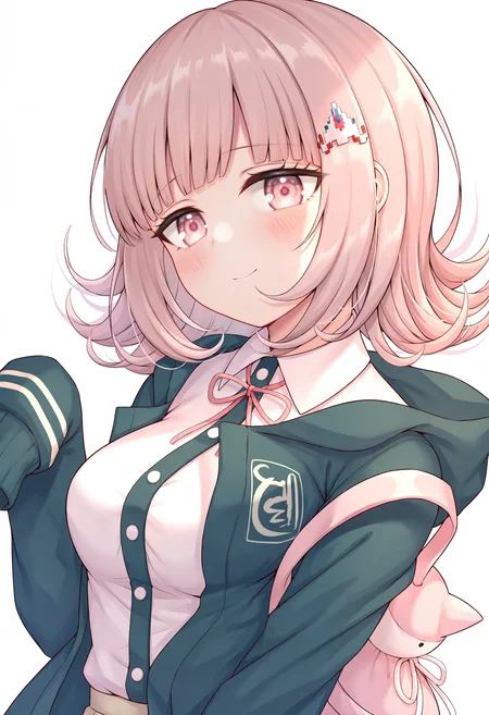 1girl, nanami chiaki, solo, shirt, ribbon, hair ornament, neck ribbon, blush, jacket, breasts, pink eyes, hood, smile, medium hair, white shirt, sleeves past wrists, pink ribbon, dress shirt, upper body, collared shirt, looking at viewer, flipped hair, open clothes, long sleeves, white background, open jacket, hood down, closed mouth, off shoulder, blunt bangs, medium breasts, pink hair, black jacket, black shirt, hairclip, hooded jacket, brown hair, sleeves past fingers, green jacket,
masterpiece,best quality,newest,absurdres,highres,very awa,<lora:arata1_noob1.1-000187:0.7>,