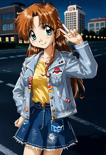 detailed background, shiny skin, posing, rating safe, <lora:komirin.pony:1.0>,
komirin, seina, smile, medium breasts, denim jacket, long sleeves, open jacket, yellow shirt, denim skirt, outdoors, Denver (city, Colorado), road, building, night