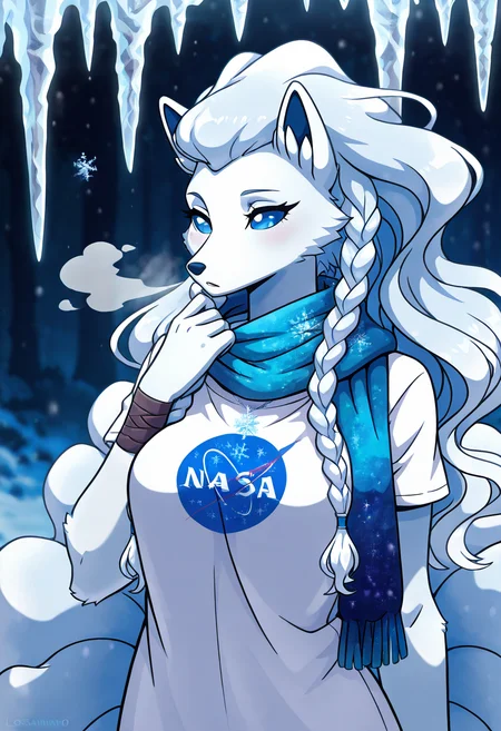 masterpiece, best quality, zzNinetalesA, 1girl, solo, twin braids, windblown fringe, white t-shirt, embroidered scarf wrapped around neck, icicle-shaped necklace, frost-covered backdrop, medium bust shot. Her expression is fierce yet thoughtful as snowflakes cling to her twin braids. A thick scarf embroidered with icy runes wraps around her neck, partially covering the soft fabric of her white t-shirt. The cold air glitters around her, her breath misting in front of a softly frosted backdrop as if sheâs bracing for a coming storm. N4S4, ,<lora:NASAShirtAnime_IXL_v1:1.0>, <lora:NinetalesAlolanPokedex_IXL_v1:0.8>,