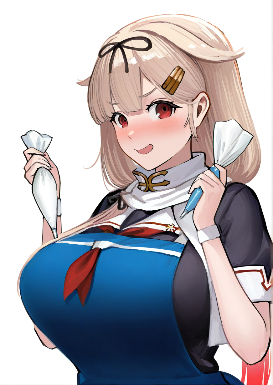 <lora:kaki_z3:1>,1girl, yuudachi (kancolle), yuudachi kai ni (kancolle), huge breasts, apron, black ribbon, black serafuku, blonde hair, hair flaps, hair ornament, hair ribbon, hairclip, long hair, pastry bag, poi, red eyes, ribbon, scarf, school uniform, serafuku, short sleeves, solo, string of flags, white scarf, 
very awa, masterpiece, best quality, newest, highres, absurdes,amazing quality