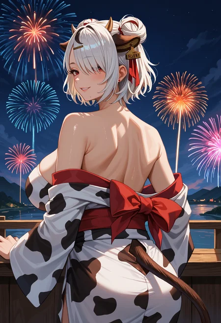 score_9,score_8_up,score_7_up,detailed,1girl,jelomrta,oiled body,huge breasts,night,from behind,fireworks,white hair,streaked hair,black hair,hair intakes,double bun,hair over one eye,short hair,hair ribbon,hairclip,red eyes,mole under eye,cow horns,cow ears,ear tag,kimono,cow print,off shoulder,cow tail,looking back,seductive smile,<lora:Marota-JeloXL-000007:1>,