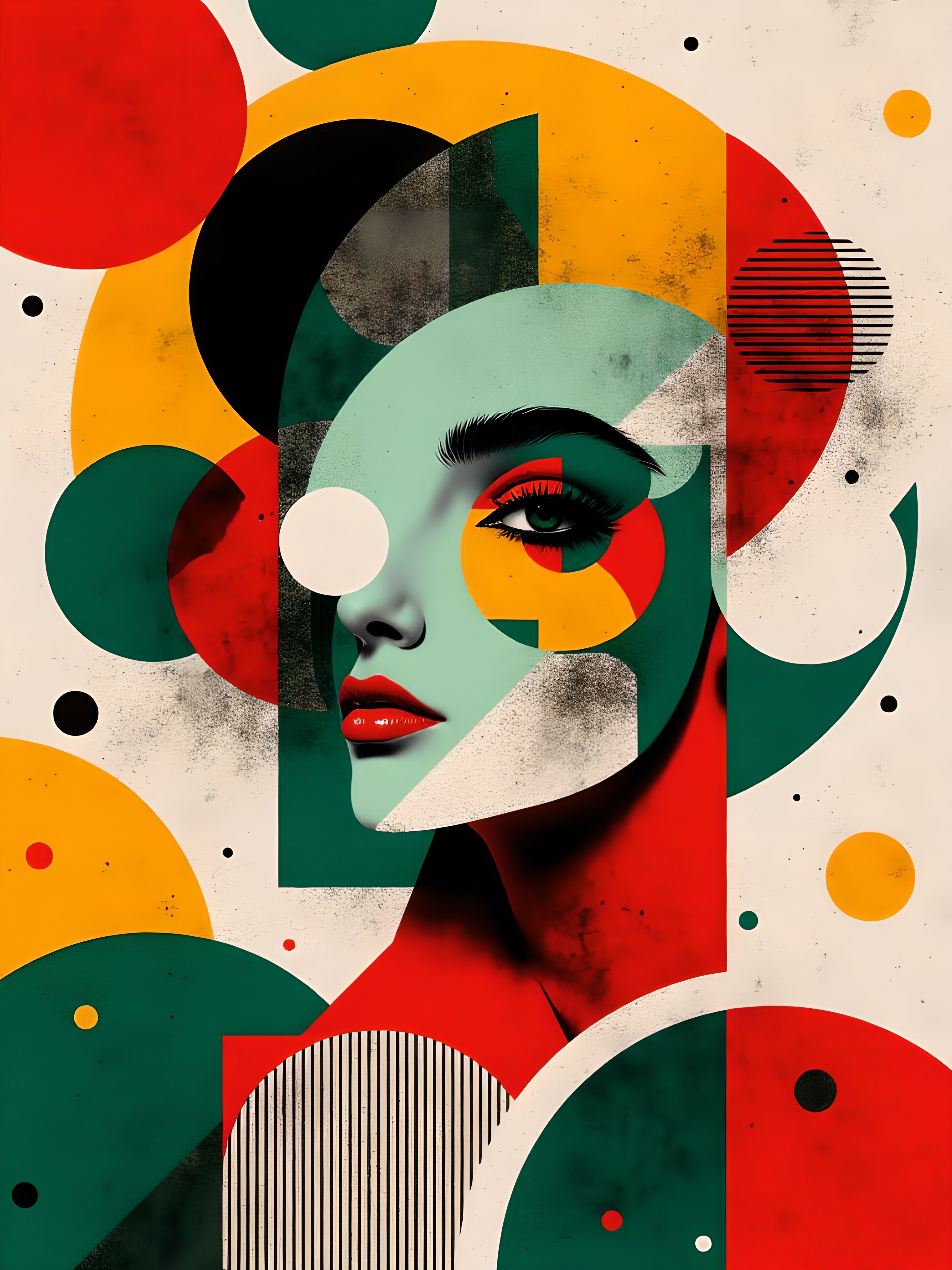 Create an eye-catching abstract artwork with a dynamic arrangement of geometric shapes and vivid colors. The composition should include overlapping circles, sharp-edged polygons, and fluid lines, all interwoven to create rhythm and flow. Use a bold color palette of rich reds, bright greens, sunny yellows, and deep blues, contrasting against a textured background of soft grays and whites. Fill each shape with intricate patterns such as stripes, dots, and gradients to add depth and complexity. Incorporate light and shadow to create a three-dimensional effect. The overall composition should be energetic, playful, and full of movement, encouraging exploration with new details revealed with each glance. aidmaimageupgrader, aidmaMJ6.1m, detailmaximizer, mythp0rt, ne0nfant4sy, drkfnts <lora:aidmaImageUpgrader-FLUX-V0.2:0.8> <lora:aidmaMJ6.1_aidmaMJ6.1-FLUX-v0.4:0.8> <lora:v1v1dr34m:0.64> <lora:aesthetic2-cdo-0.5:0.68> <lora:mythp0rt_FluxMythP0rtr4itStyle:0.68>