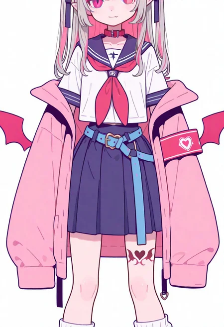 Flatline, Flat vector illustration, looking at viewer, full_body,
niji-ririmu,flat chest,red eyes,long eyelashes,grey hair,streaked hair,multicolored hair,pink inner hair,pointy ears,fang,heart tattoo,tattoo around thigh,long hair,two side up,black hair ribbon,saggy hair ribbon,red wings,demon wings,
niji-ririmucos1,serafuku,white shirt,short sleeves shirt,red neckerchief,midriff,blue belt,loose belt,blue skirt,miniskirt,pleats skirt,white socks,loose socks,red choker,red collar,pink jacket,off shoulder jacket,armband,long sleeves,sleeves past wrists,sleeves past fingers,
slim, slender, fair skin, clear skin, beauty skin, smooth skin, shiny skin, beautiful legs, long legs,
from front, front view, straight-on, look at viewer, standing, (legs apart:1.4),
white background,