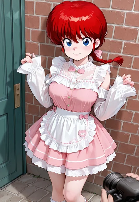 masterpiece,best quality,amazing quality,very aesthetic,absurdres,newest,huge filesize,
<lora:spo_sdxl_10ep_4k-data_lora_webui:0.5>,
<lora:add-detail-xl:1>
tachihana,
expressive, 1girl, solo, ranma-chan, red hair, long hair, single braid, blue eyes, medium breasts, 
BREAK
pink skirt, maid dress, long sleeves, pink bow, apron, lace trim, hair bow, sleeves past wrists,
BREAK
girl standing in front of a brick wall, posing, smile,
BREAK
cosplay_photoshoot, multiple boys, camera,