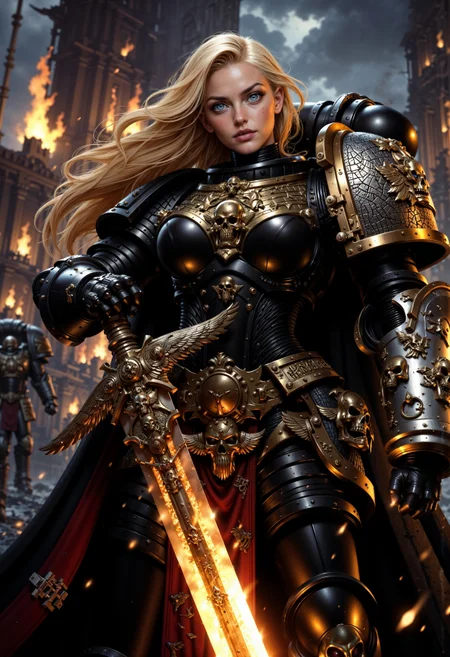 close up of blonde female knight, wearing DeathW40K power armor, and holding a flaming sword <lora:FluxMythP0rtr4itStyle:0.7> <lora:FluxDeathW40K:0.9>