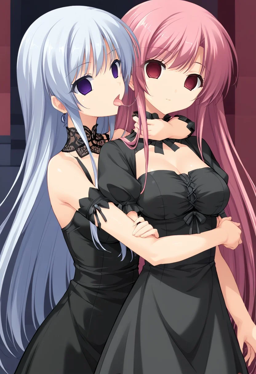 anime, empty eyes, hypnotized, blank stare, expressionless, two girls, adult, close up, long hair, dress, hugging, hug from behind, licking neck, saliva string, arched back, glowing eyes, eye highlight, dim