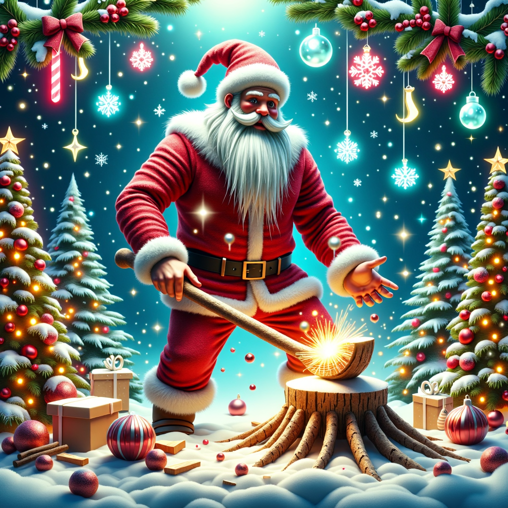 A Neon Christmas Style Chr457m45m3rg3D0nMN3M1C a tall man with a long beard chopping wood
<lora:Chr457m45m3rg3D0nMN3M1CFlux:0.9>