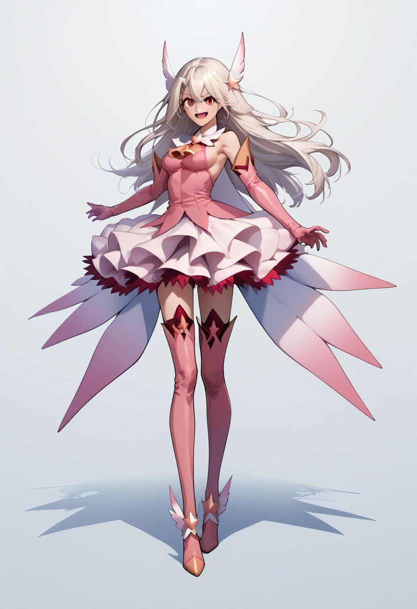 score_9, score_8_up, score_7_up, source_anime,(1girl), solo, white hair, red eyes, long hair, hair ornament, feathers, pink dress, elbow gloves, magical girl, pink thigh Boots, ((((tall female, adult, long legs, medium breasts)))), sideboob, standing, full body, smiling, grinning, fighting stance, shouting