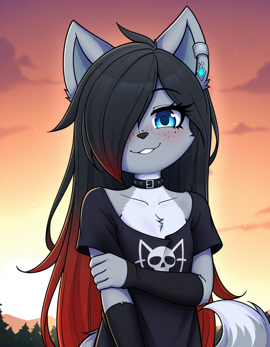 masterpiece, best quality, very aesthetic, absurdres,
outdoors,
upper body, standing, posing, 
goth fashion, 
 seductive smile, parted lips, long eyelashes,
<lora:Kayla_Kitsune_v01_NAIXL:1>
K41l4,1girl,solo,furry,furry female,very long hair,multicolored hair,black hair,red hair,gradient hair,hair over one eye,animal ears,earrings,blue eyes,freckles,snout,animal nose,choker,body fur,wolf tail,
