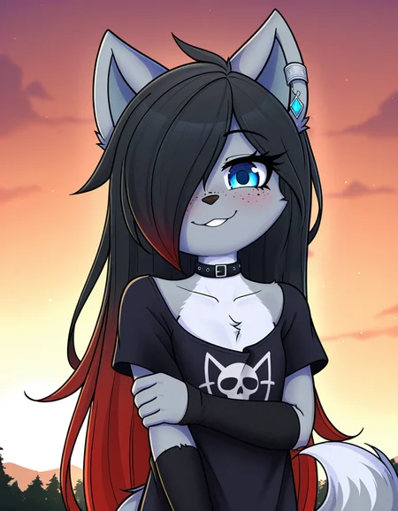 masterpiece, best quality, very aesthetic, absurdres,
outdoors,
upper body, standing, posing,
goth fashion,
seductive smile, parted lips, long eyelashes,
<lora:Kayla_Kitsune_v01_NAIXL:1>
K41l4,1girl,solo,furry,furry female,very long hair,multicolored hair,black hair,red hair,gradient hair,hair over one eye,animal ears,earrings,blue eyes,freckles,snout,animal nose,choker,body fur,wolf tail,