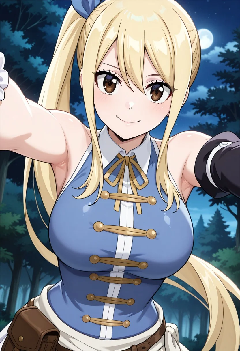 masterpiece, best quality, newest, anime screencap, 1girl, <lora:LucyHeartfiliaAvatartwo_Illu_Dwnsty:1>, lcyhrtavtrctwo, brown eyes, blonde hair, side ponytail, sidelocks, long hair, blue ribbon, hair ribbon, blue shirt, sleeveless shirt, collared shirt, yellow neck ribbon, scrunchie, single detached sleeve, black sleeve, white skirt, brown belt, belt pouch, white sash, perfect eyes, breast, shiny skin, expressive, smile, closed mouth, looking at viewer, erotic pose, armpit, forest, night, perfect anatomy