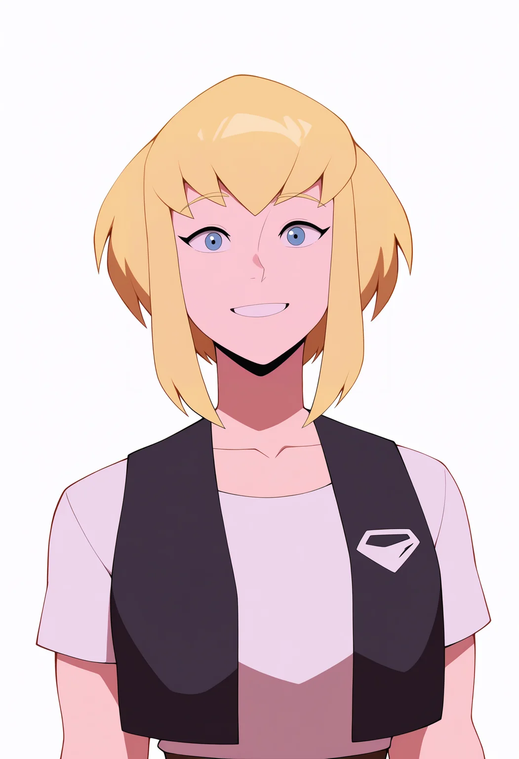 masterpiece, best quality, very aesthetic, absurdres,
1girl, karazorel, blonde hair, blue eyes, short hair,
vest, white shirt,
upper body, standing, smile, looking at viewer, solo, simple background, white background <lora:KaraZorelNoobXL_byKonan:1>