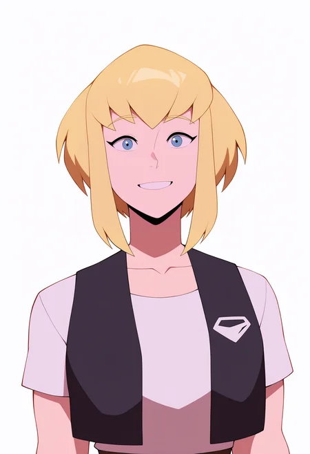 masterpiece, best quality, very aesthetic, absurdres,
1girl, karazorel, blonde hair, blue eyes, short hair,
vest, white shirt,
upper body, standing, smile, looking at viewer, solo, simple background, white background <lora:KaraZorelNoobXL_byKonan:1>