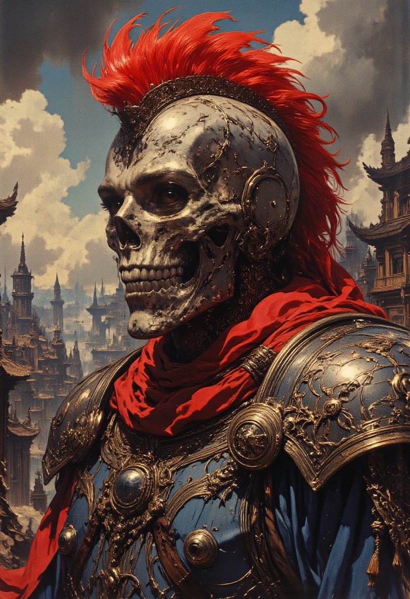 The image is a digital illustration of a skull wearing a red mohawk. The skull is facing towards the left side of the image and appears to be in a battle-ready stance. The mohawks are made of red feathers and are spread out in a fan-like manner. The background is blurred, but it seems to be a cloudy sky with a hint of smoke or fog.  The skull is wearing a blue and gold armor with gold accents and a red scarf around its neck. The armor has intricate designs and patterns on it. The overall color scheme of the illustration is dark and ominous, with a mix of red, white, and gold tones. dark background, horror theme