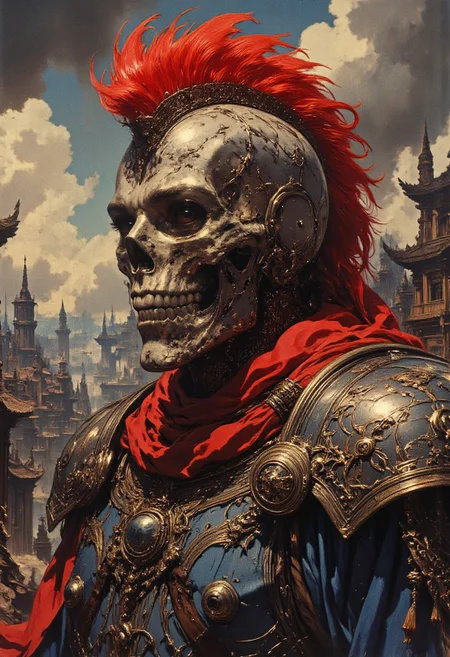 The image is a digital illustration of a skull wearing a red mohawk. The skull is facing towards the left side of the image and appears to be in a battle-ready stance. The mohawks are made of red feathers and are spread out in a fan-like manner. The background is blurred, but it seems to be a cloudy sky with a hint of smoke or fog. The skull is wearing a blue and gold armor with gold accents and a red scarf around its neck. The armor has intricate designs and patterns on it. The overall color scheme of the illustration is dark and ominous, with a mix of red, white, and gold tones. dark background, horror theme
