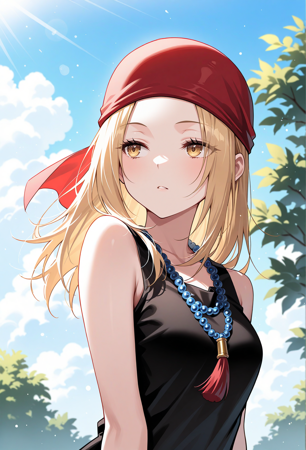 masterpiece, best quality, high quality, anime, solo,
<lora:AEAnna:1> AEAnna, yellow eyes, blonde hair, parted bangs, forehead, bead necklace, black dress, sleeveless dress, red bandana,