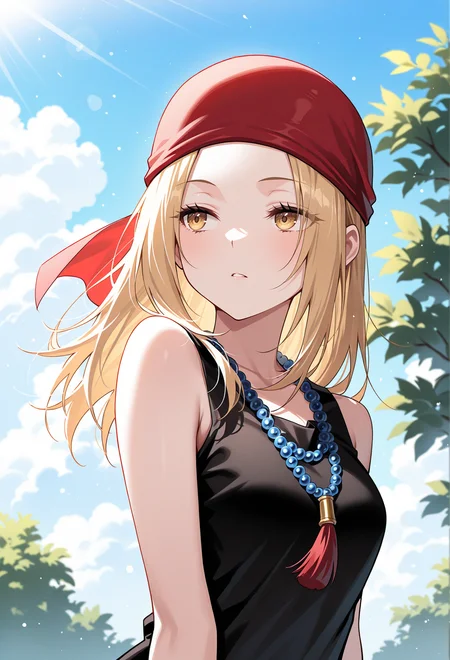 masterpiece, best quality, high quality, anime, solo,
<lora:AEAnna:1> AEAnna, yellow eyes, blonde hair, parted bangs, forehead, bead necklace, black dress, sleeveless dress, red bandana,