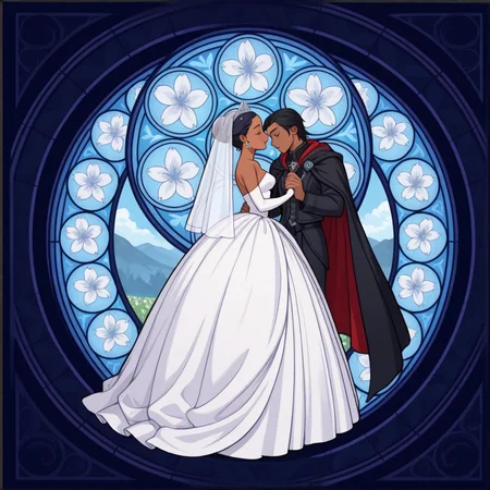 masterpiece, best quality, amazing quality, very aesthetic, absurdres, newest, 4k, 8k, 
divetotheheartxd, circle, black background, stained glass, round image, 1girl, 1boy, dress, hetero, art nouveau, wedding dress, veil, dark skin, couple, cape, flower, bridal veil, jewelry, closed eyes, wedding, holding hands, hair bun, black hair,
 <lora:STATION_OF_AWAKENING_V2:1>