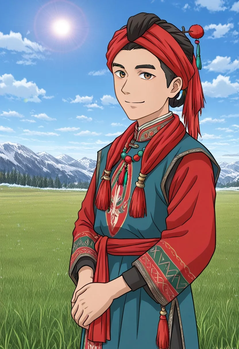 Khampa Tibetan Red Headknots
wearing Red Headknots,solo,1 handsome young man,,1 tibetan boy,happy,looking at the viewer
anime screencap,tibetan dress, looking at viewer,grassland,sun,meadow,cloudy sky,blue sky,winter,snow