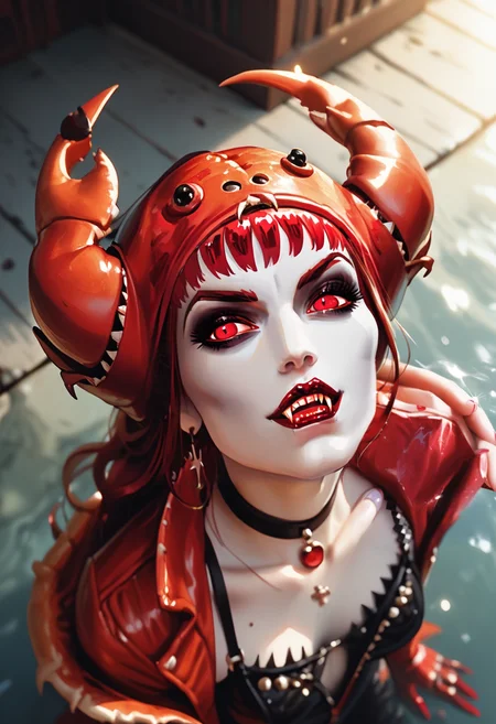 score_9, score_8_up, score_7_up, score_6_up, score_5_up, solo, Elizabeth Bathory an evil vampire woman ,headCrab hat on her head, (Crab on head),
,Kissing,overhead angle,The Catacombs of Rome Italy,Ecuador,Gel lighting,
<lora:Elizabeth_Bathory:0.75>, <lora:HeadCrab:0.4>