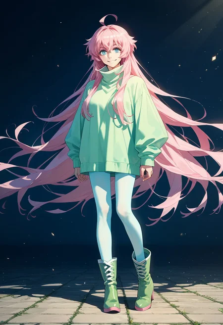 score_9,score_8_up,score_7_up,source_anime, daisy_(big_order),1girl,solo,long hair,smile,blue eyes,very long hair,pink hair,ahoge,pantyhose,boots,poncho,