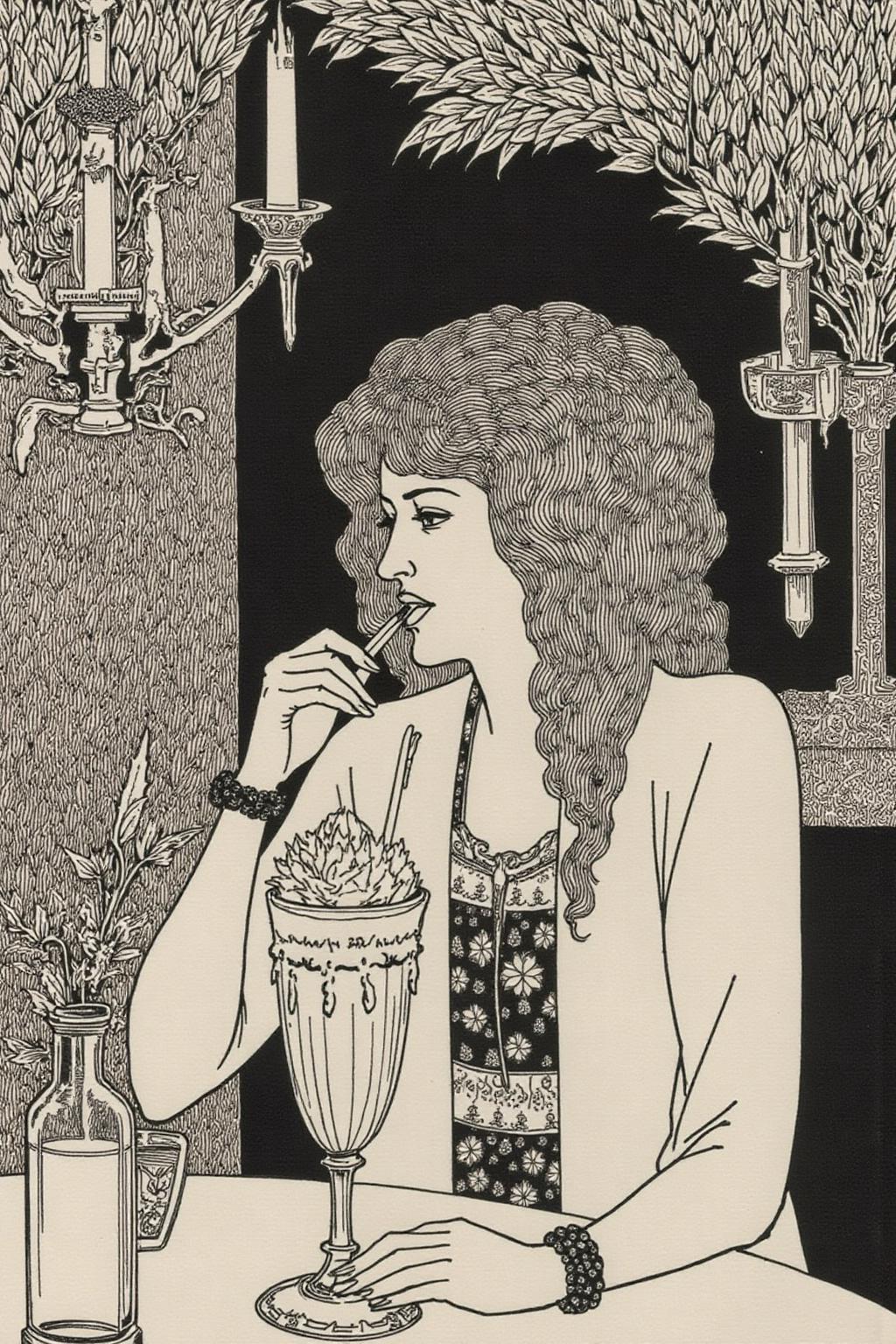 aubreybeardsley1 illustration.
A woman in a pub eating a milkshake  <lora:aubreybeardsley3_cap_d6a3e12:1.0><lora:844803286969312324:0>