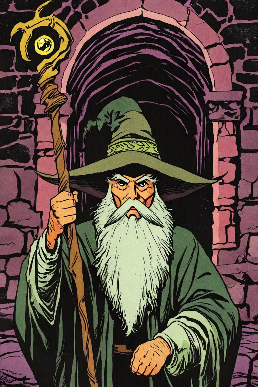 wizard, old man, beard, staff, hat, dungeon, inside a dungeon, 1boy, solo, alone,  upper body,  <lora:retro_comic_fantasy_illustriousXL-000019:0.8>, retro, comic, fantasy,  masterpiece, highres