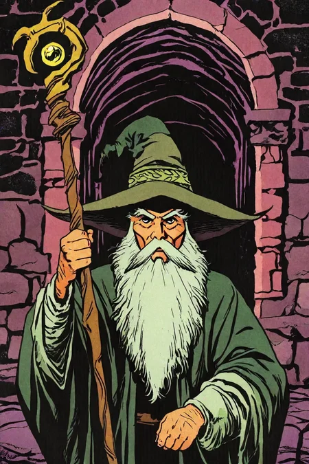 wizard, old man, beard, staff, hat, dungeon, inside a dungeon, 1boy, solo, alone, upper body, <lora:retro_comic_fantasy_illustriousXL-000019:0.8>, retro, comic, fantasy, masterpiece, highres
