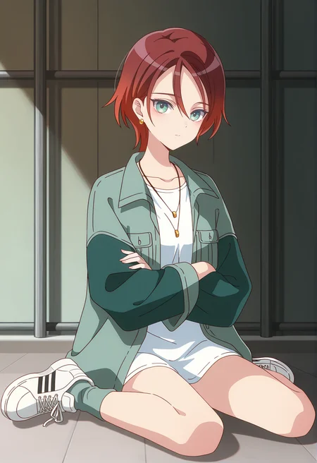 <lora:KYOKA KITAHARA_illustrious-000028:1>,
KYOKA KITAHARA,red hair,hair between eyes,multicolored hair,
breast pocket,open jacket,green jacket,light green socks,white sneaker,white shirt,
looking at viewer,necklace,jacket,upper body,closed mouth,collarbone,solo,jewelry,earrings,sitting,wariza,1girl,full body,looking_at_viewer,upper_body,front view,crossed_arms