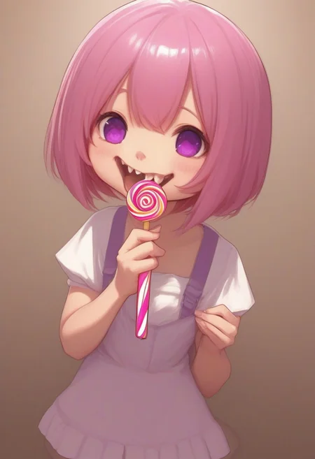CivChan, purple eyes, pink hair,
(licking a giant lollipop made from teeth, made_from_teef:1.5)