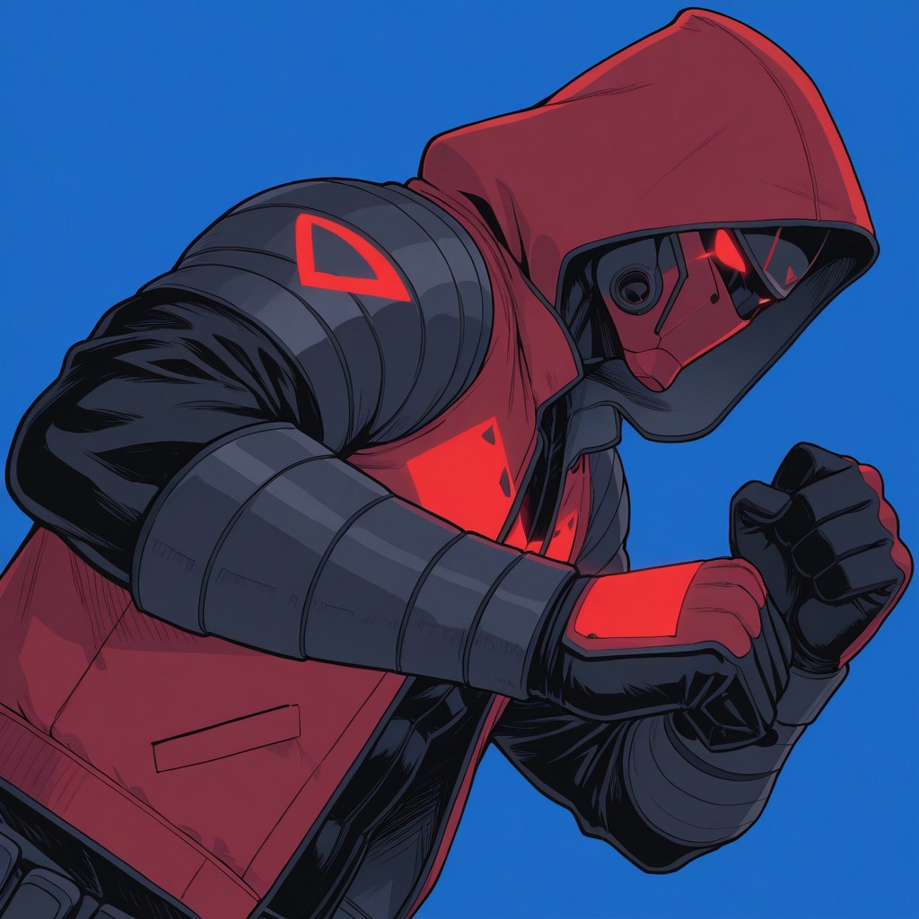 Blue background, simple background, solid color background, 2d, 1male, solo, RedHood_FS, insignia, Jacket, hood up, mask, red eyes, no pupils, glowing eyes, glowing insignia, black bodysuit, armor, Upper body, side view, hands up, fight stance, fists,