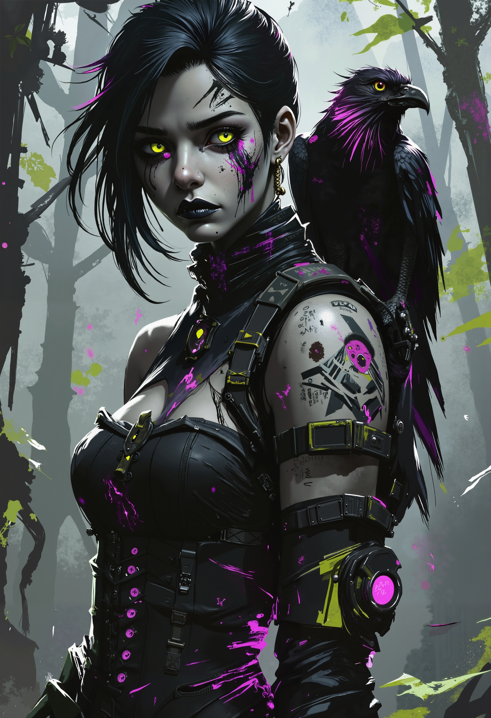 high quality, ultra detailed, colorful, dark cyberpunk fantasy, bo-neon, (bo-abyss:0.8), ArcaneFGTNR, A photo-realistic shoot from a portrait camera angle about a young woman with pale skin, black hair, and a raven perched on her shoulder in a misty forest setting. the image also shows a dark, moody atmosphere with trees and leaves in the background. on the middle of the image, a 1woman, who appears to be in her early twenties, is standing with her upper body facing the viewer, looking directly at the camera with a serious expression. she has long, dark hair and is wearing a black dress with a corset and puffy sleeves. her hair is styled in a messy, messy manner, and she has a mole on her left cheek. her eyes are a striking green color, and her face is adorned with black eyeliner and a piercing. on her right shoulder, a black raven is perched, looking at the viewer with its beak open. the raven's feathers are detailed and realistic, adding to the eerie atmosphere of the scene., partially blended with abstract digital elements. The scene has a dark, moody ambiance. The background features layers of glitch art, fragmented texts, and metallic textures. contrasting against the monochromatic tones of black, grey, and hints of purple. Smudged paint and scratches add a sense of decay and technology.<lora:boFLUX Abyss Neon.safetensors:0.8:0.8> <lora:Flux\boFLUX digital-abyss.safetensors:0.6:0.6> <lora:ArcaneFGTNR.safetensors:1.0:1.0>