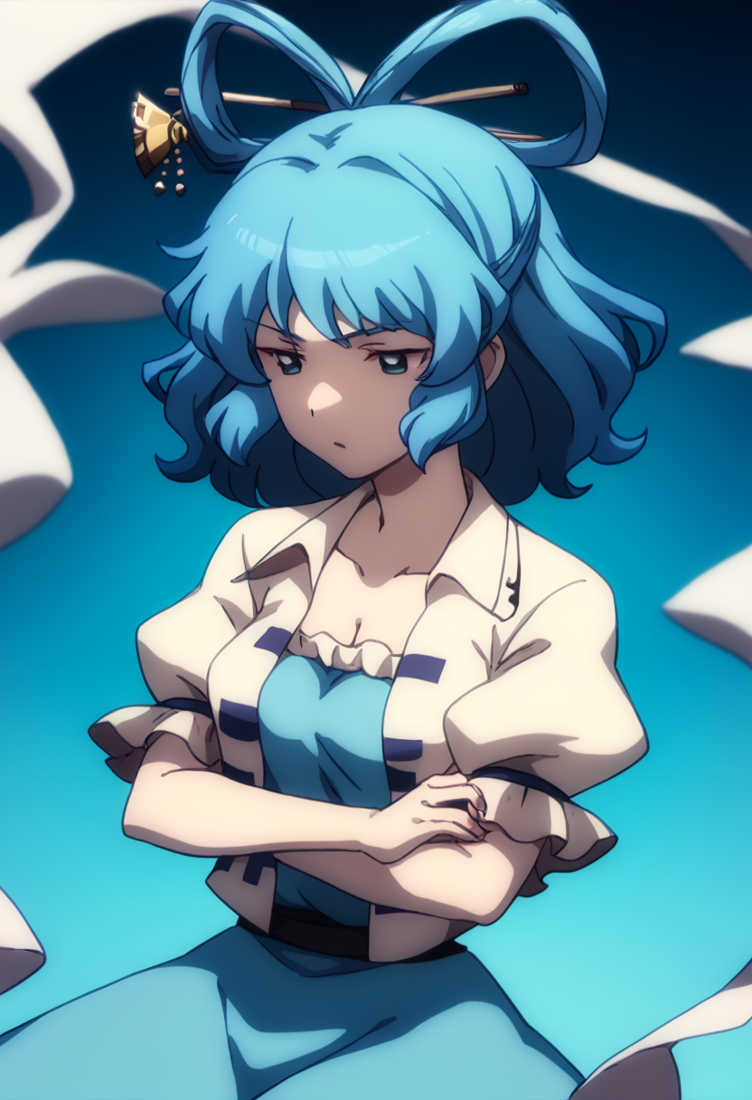 score_9,score_8_up,score_7_up,<lora:touhou_tgm:1>,anime coloring,<lora:Touhou_pony:1>,1girl, kaku_seiga, touhou, hair_rings, hair_stick, blue_dress, white_vest, hagoromo, puffy_short_sleeves, cleavage