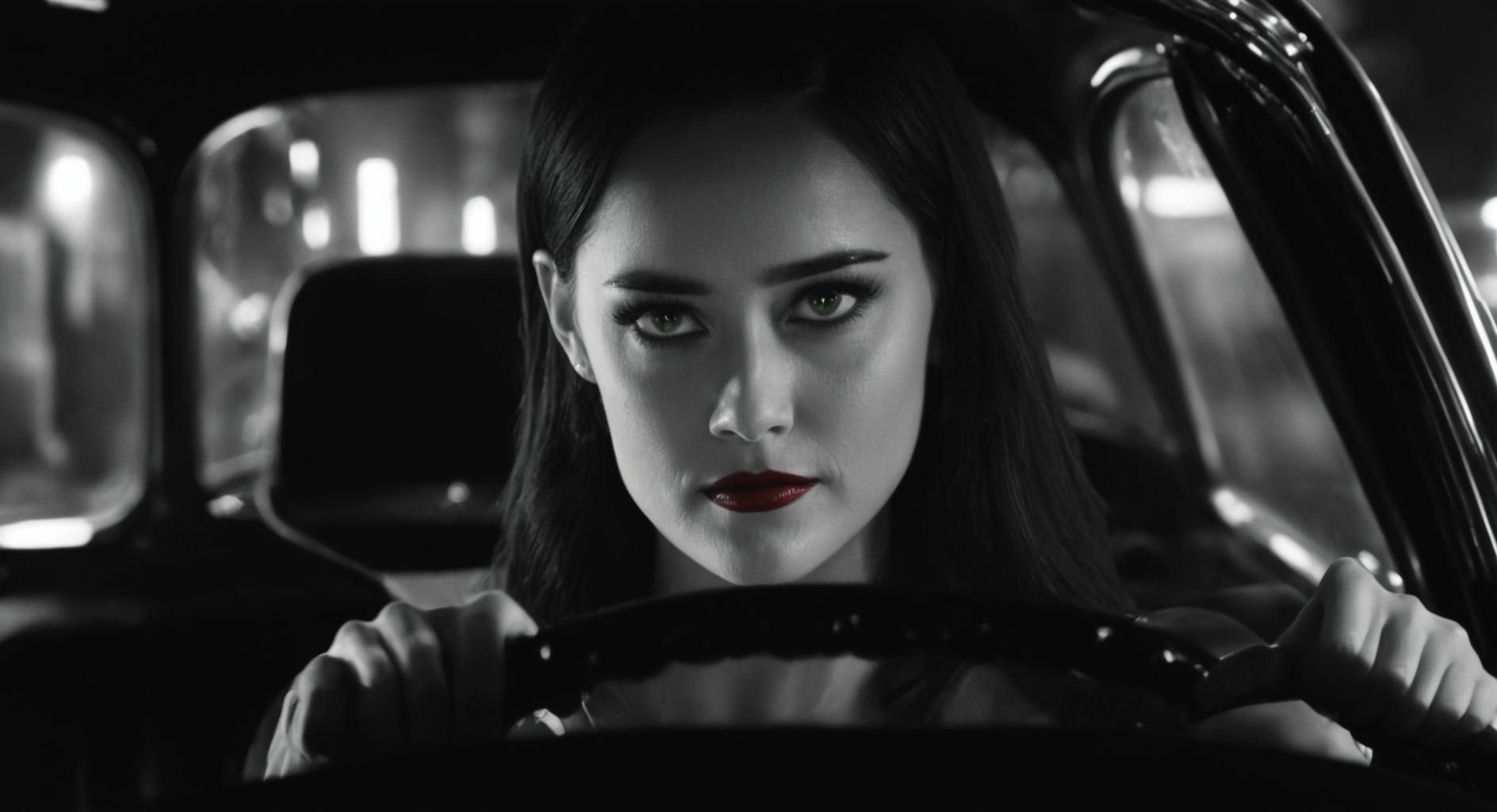 Dark Fantasy Art of  <lora:sin city style v2:1>
In Sin City universe Lucille a woman is driving a car at night sin city style,1girl,solo,long hair,looking at viewer,smile,monochrome,greyscale,blurry,lips,portrait,realistic,Frank Miller's Sin City,dark theme,cinematic film,comic book series,graphic novel,Neo-noir,high contrasts,sin city style,closeup , film noir, low key light, dim light, low light, dramatic light, film grain, dark, moody, dark fantasy style