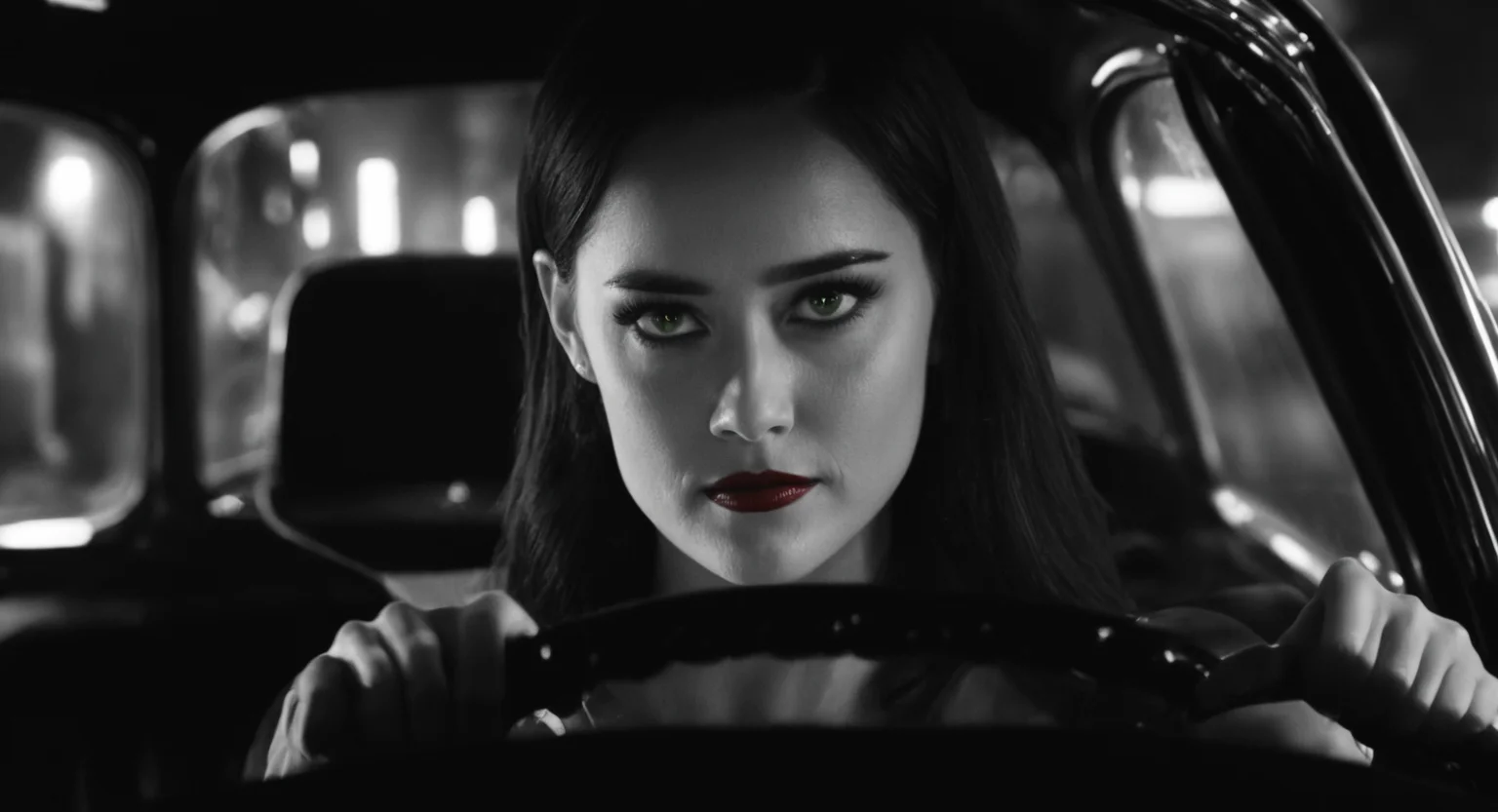 Dark Fantasy Art of <lora:sin city style v2:1>
In Sin City universe Lucille a woman is driving a car at night sin city style,1girl,solo,long hair,looking at viewer,smile,monochrome,greyscale,blurry,lips,portrait,realistic,Frank Miller's Sin City,dark theme,cinematic film,comic book series,graphic novel,Neo-noir,high contrasts,sin city style,closeup , film noir, low key light, dim light, low light, dramatic light, film grain, dark, moody, dark fantasy style