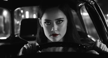 Dark Fantasy Art of <lora:sin city style v2:1>
In Sin City universe Lucille a woman is driving a car at night sin city style,1girl,solo,long hair,looking at viewer,smile,monochrome,greyscale,blurry,lips,portrait,realistic,Frank Miller's Sin City,dark theme,cinematic film,comic book series,graphic novel,Neo-noir,high contrasts,sin city style,closeup , film noir, low key light, dim light, low light, dramatic light, film grain, dark, moody, dark fantasy style