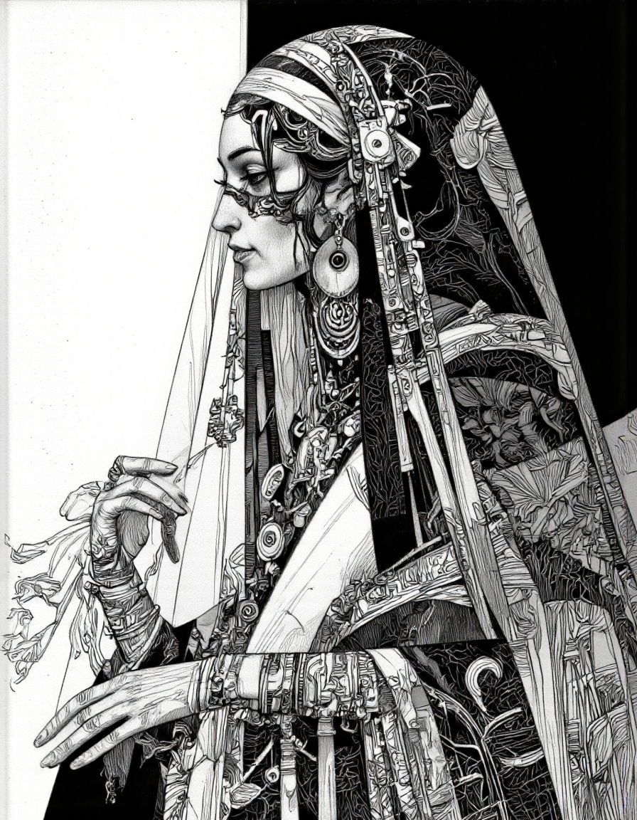 Art by Sergio Toppi and Paco Gimenez.
A monochrome, stylized illustration of a woman with a long, flowing veil and elaborate jewelry, standing against a contrasting black and white background. the woman, who appears to be in her mid-twenties, is positioned in the middle of the image, facing away from the viewer, with her profile visible. she has a slender, long tail and is wearing a flowing veil adorned with intricate, ornate jewelry, including a headpiece, earrings, and a necklace. her facial expression is serene, and her body is slim. the image has a high level of detail and texture, with a focus on the intricate patterns and textures of the woman's clothing and accessories.