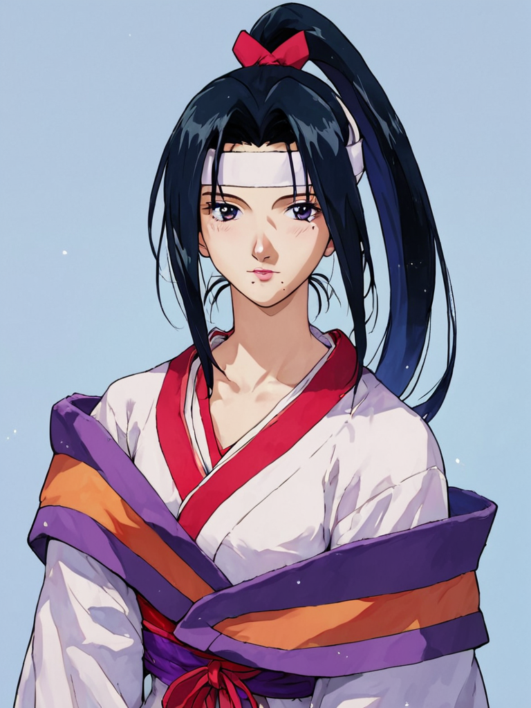 score_9, score_8_up, score_7_up, score_6_up, masterpiece, perfect face, perfect hands, high quality, source_cartoon, (1girl, solo,) <lora:Twilight_Suzuka_-_Outlaw_Star:1> twilightsuzuka, black hair, long hair, headband, ponytail, mole under mouth,  japanese clothes, 1990s (style), white robe,