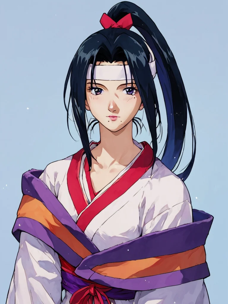 score_9, score_8_up, score_7_up, score_6_up, masterpiece, perfect face, perfect hands, high quality, source_cartoon, (1girl, solo,) <lora:Twilight_Suzuka_-_Outlaw_Star:1> twilightsuzuka, black hair, long hair, headband, ponytail, mole under mouth, japanese clothes, 1990s (style), white robe,