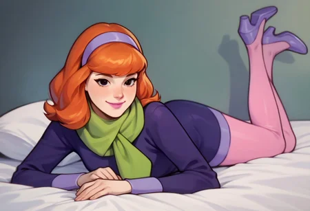 score_9, score_8_up, score_7_up BREAK DaphneCl, 1girl, orange hair, black eyes, pink lipstick, lavender headband, green scarf, long-sleeved purple lavender shirt, lavender cuffs, purple skirt, lavender hemline, pink tights, purple shoes, smiling at viewer, full body, laying in bed, solo, solo focus,