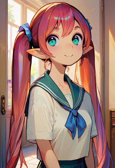 ((masterpiece,best quality)), absurdres, BREAK, score_9, score_8_up, score_7_up, score_6_up, 8k, hires,1girl, beautiful girl, kawaii girl, cute face, pose, high contrast, dramatic shadows, highly detailed, detailed skin, depth of field, shadows, hair bangs, very long hair, red hair, ponytails, twintails, twin tails, blue ribbons, small breasts, young, petite, elf, smiling, sailor uniform, aqua eyes, green school uniform, hallway, school, <lora:add-detail-xl:3>