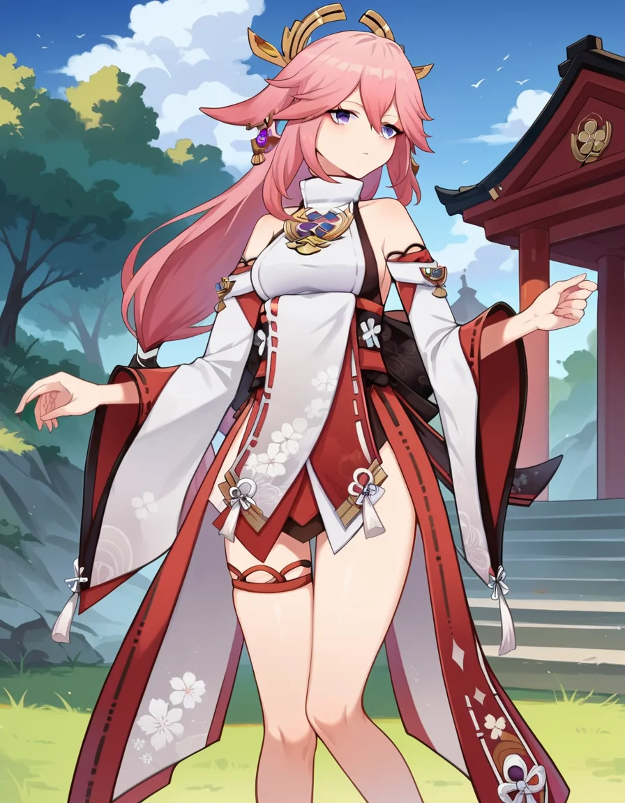 score_9, score_8_up, score_7_up, source_anime,
yaemiko, <lora:yae-miko-ingame-ponyxl-lora-nochekaiser:1>,
yae miko, animal ears, floppy ears, fox ears, hair between eyes, long hair, pink hair, purple eyes, pink hair,
bare shoulders, detached sleeves, earrings, hair ornament, high heels, japanese clothes, long sleeves, sideboob, thigh strap, thighs, wide sleeves,
outdoors, shrine,
looking at viewer, cowboy shot, dutch angle,