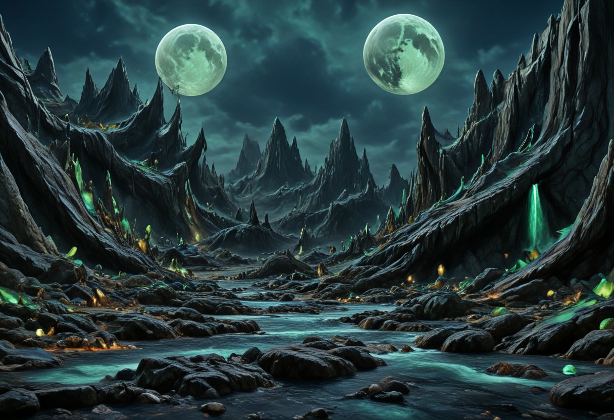 A beautiful landscape at night on an alien world, dramatic lighting, large moon in the sky, jade rocks, waterfalls, deep crevices, uhd, ultra-detailed, photography, f/8 photo, monoprone, nmskyrim