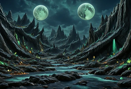 A beautiful landscape at night on an alien world, dramatic lighting, large moon in the sky, jade rocks, waterfalls, deep crevices, uhd, ultra-detailed, photography, f/8 photo, monoprone, nmskyrim