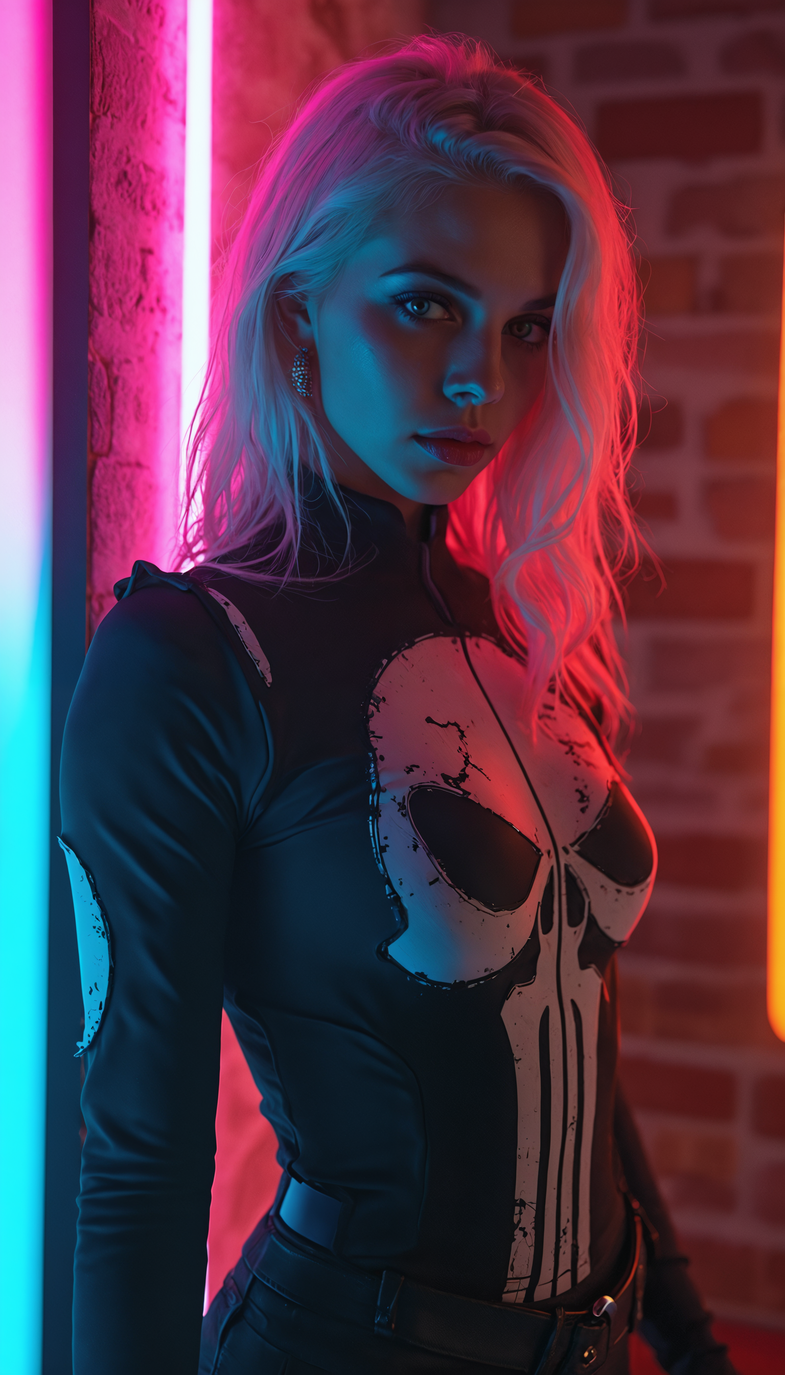 female dressed as Punisher, (((full body visible))), looking at viewer, portrait, photography, detailed skin, realistic, photo-realistic, 8k, highly detailed, full length frame, High detail RAW color art, piercing, diffused soft lighting, sharp focus, hyperrealism, cinematic lighting, ultra-realistic textures, volumetric lighting, professional studio setup, 50mm lens, high-resolution image, photorealistic skin pores and hair strands, intricate costume details, subtle facial expression, perfect composition, dramatic shadows, lifelike eyes, film grain, high dynamic range, color grading, professional retouching, golden ratio, rule of thirds, depth of field, tack-sharp focus, ambient occlusion, ray-tracing, subsurface scattering, high-end DSLR capture, expert post-processing, award-winning photography, hyper-detailed environment, anatomically correct, natural pose, flawless skin texture, realistic fabric folds, perfect color balance, studio backdrop, professional color correction