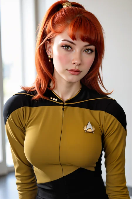 A hyper-realistic portrait, photorealistic photo close-up image of A high-quality fashion shoot photo featuring a striking ginger Asian woman with a sleek ponytail, confidently modeling a yellow TNG uniform. The woman's vibrant red hair contrasts beautifully with the uniform, while her sharp, elegant features exude both strength and grace. The setting is minimalist and modern, with a clean, white backdrop that allows her and the uniform to take center stage. The lighting is soft yet focused, casting a gentle glow on her face. Her pose is poised and stylish, with one hand resting on her hip and the other casually at her side, conveying a sense of command and confidence. The overall composition blends the timeless allure of Star Trek with a contemporary fashion aesthetic, resulting in a powerful, visually stunning image. (photography, high-resolution, dynamic, energetic,hyper-realistic, dramatic lighting, shallow depth of field.), detailmaximizer, MythP0rt<lora:midjourney_whisper_flux_lora_v01:0.55><lora:aidmaMJ6.1-FLUX-V0.1:0.4><lora:FluxMythP0rtr4itStyle:0.4><lora:detailed_flux_ntc:2.2><lora:aidmaImageUpgrader-FLUX-V0.1:0.65><lora:TNGS1_FLUX:1.2>